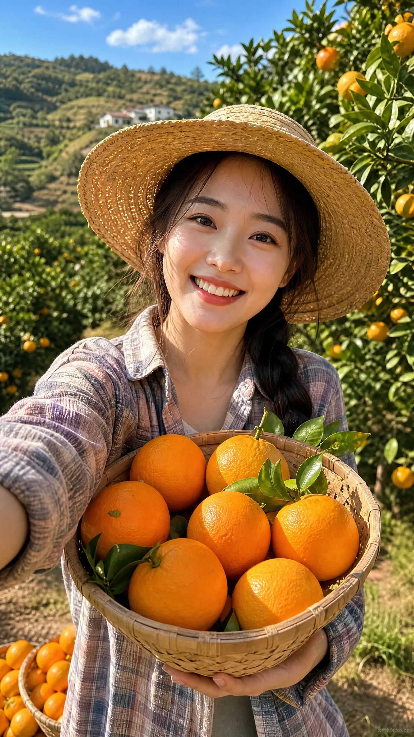 乡村女创作者展示新鲜橘子